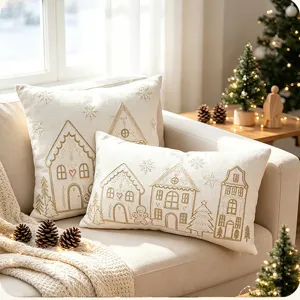 Christmas cushion cover embroidered winter village snow house design cozy home sofa decor pillowcase