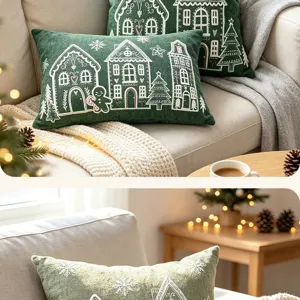 Cozy Christmas chenille embroidered pillowcase detail featuring cute holiday houses and trees.
