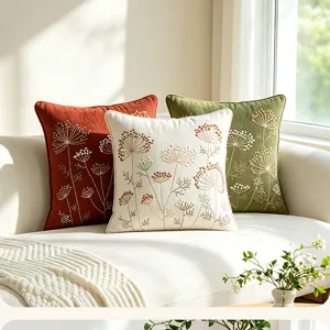 Nordic style botanical embroidered chenille throw pillow cover detail scene setup.