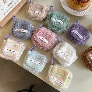 Plush Earphone Case For AirPods Portable Mini Pouch Cute Solid Color Bag With Strap Soft Fluffy Headphone Storage Bag