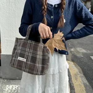 Retro plaid wool tote bag for women, autumn winter casual handbag with top handles.