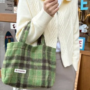 Green plaid wool handbag for women, vintage ins style tote bag with top handles, autumn winter.