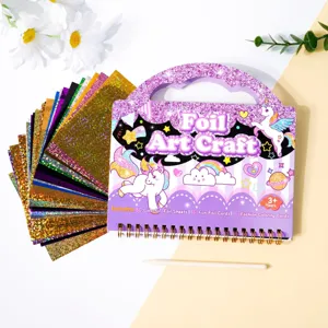 Kids portable foil art craft set, unicorn DIY colorful transfer sticker coloring book with foil sheets.