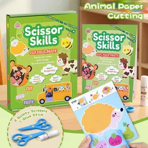 Kids animal paper cutting craft book set with safety scissors and glue for early learning and fun.