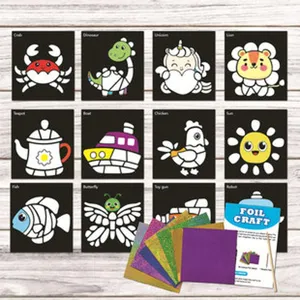 Detailed view of children DIY foil art craft kit with black cards and colorful sheets.