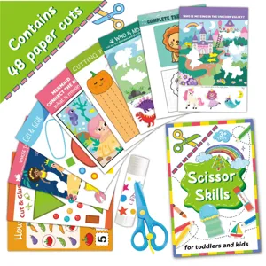Kids scissor skills craft book kit with safety scissors and colorful paper cuts for toddlers learning.