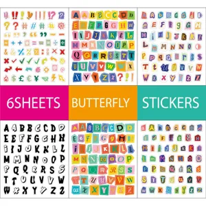 Alphabet letter stickers detail view showing colorful ransom note style designs and fonts.