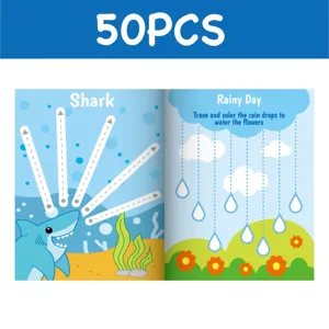Kids pen control training workbook with line tracing and fun cartoon illustrations for early education.