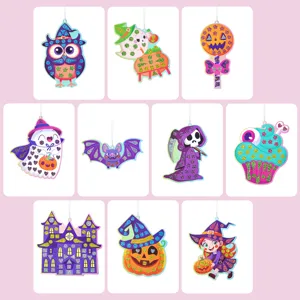 Halloween DIY mosaic sticker art kit for kids, cute cartoon designs, sparkling handmade craft.