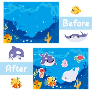 Gedetailleerd overzicht van zeedierstickers met schattige zeedieren op een onderwaterachtergrond.