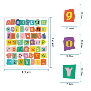 Detailed dimension spec showing overall size and individual letter measurements for alphabet stickers.
