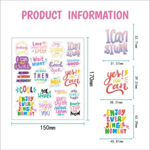 Waterproof English quote sticker detail showing dimensions and colorful motivational designs.