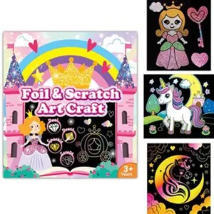 Kids foil and scratch art craft kit, DIY sparkle sticker painting set for children.