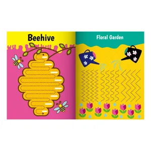 Children pen control line tracing book detail page with beehive and floral garden theme.