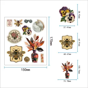 Vintage botanical and insect sticker sheet with clear dimension measurements for journaling.
