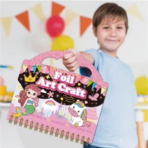 Children foil art craft book detail view, holding colorful DIY craft set for fun kids.