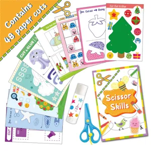 Kids craft kit scissor skills activity book with colored paper cutting sheets and safety tools.