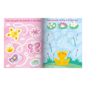 Kids pen control training tracing book detail view, fun cartoon line drawing education activity page.