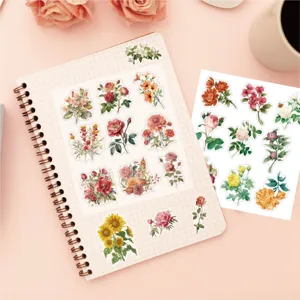 Vintage floral sticker sheet detail showing watercolor botanical designs for journal decoration.