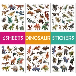 Dinosaur stickers 6 sheets pack, waterproof vinyl decals for luggage, water bottle, laptop.