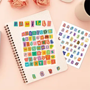 Colorful alphabet washi stickers detail, DIY journaling and scrapbooking decoration supply.