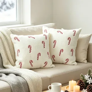 Christmas candy cane embroidered plush pillow cover for cozy winter home decoration.