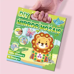 Children DIY animal mosaic sticker craft set with shiny mirror pieces and colorful designs.