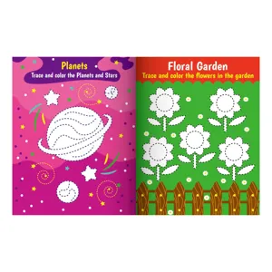 Children pen control tracing book pages, planet and floral garden drawing training.