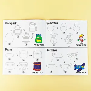 Kids drawing book detail page showing step-by-step painting tutorials for backpack and drum.
