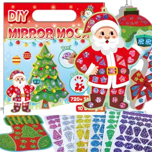 Kids Christmas DIY mirror mosaic sticker art craft kit with shiny foil sticker sheets.