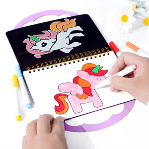 Close-up detail of children magic art coloring book set with vibrant markers and unicorn designs.