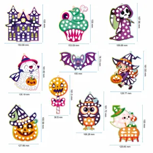 Halloween DIY mosaic sticker craft kit size chart featuring multiple cute holiday designs.