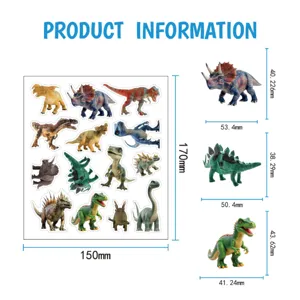 Detailed size chart showing dimensions of dinosaur stickers and model toys in millimeters.