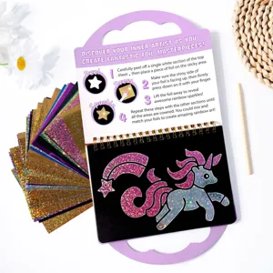 Detailed view of children foil art craft set with colorful foil sheets, instructions and stylus.