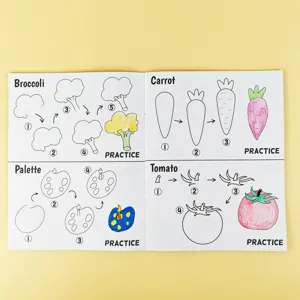 Step-by-step drawing and coloring book details showing cute vegetable and object painting guides.