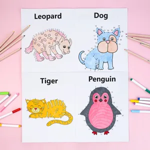 Kinder verbinden die Punkte Malbuch mit süßen Tieren für frühe Bildung und kreativen Malspaß.