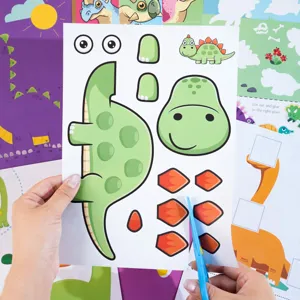 Kids dinosaur paper cutting craft detail view, colorful DIY handmade materials for children.