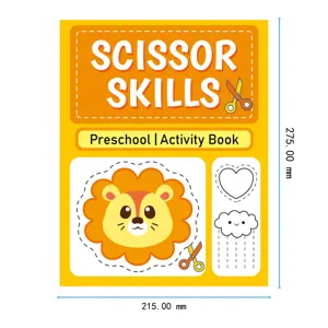 Détail de livre d'activités de découpage préscolaire avec design de lion et lignes.