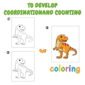 Detail view of dinosaur dot to dot coloring book steps showing educational activity pages.