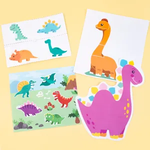 Detailed view of kids dinosaur paper cutting DIY craft materials set with various templates.