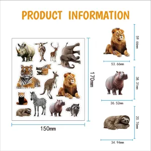 Wild animal sticker set detail sheet with exact dimensions and various realistic wildlife designs.