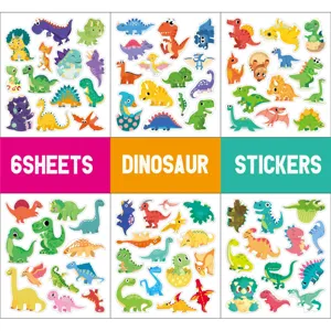 Close-up detail of colorful cartoon dinosaur sticker sheets with various cute animal designs.