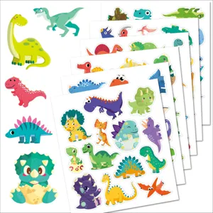 Detailed view of cute cartoon dinosaur stickers sheet, waterproof vinyl sticker designs.