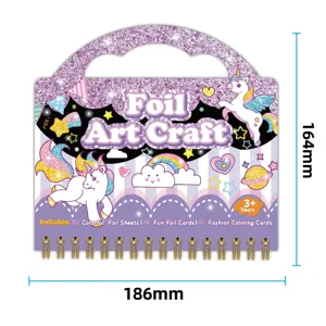 Kids unicorn foil art craft kit diy glitter drawing set with sheets and cards for girls.