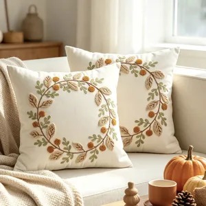 Giorno del Ringraziamento Federa per Cuscino Ricamata Corona Autunnale Foglia Poliestere Copricuscino Decorativo Per Soggiorno Divano