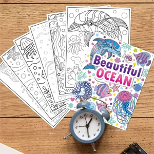 Kids ocean theme coloring book and line art pages for creative painting and fun activity.