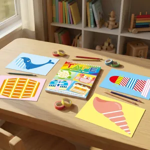 Children tape activity book DIY craft set with colorful tape rolls and reusable scenes.