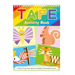 Children DIY tape activity book detail showing colorful animal scenes and easy-peel tape rolls.