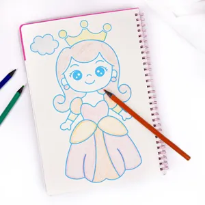 Children DIY princess spiral notebook coloring book with cute cartoon design and pencils.