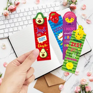 Cute cartoon fruit bookmarks set, colorful paper page markers for kids, students, and reading lovers.